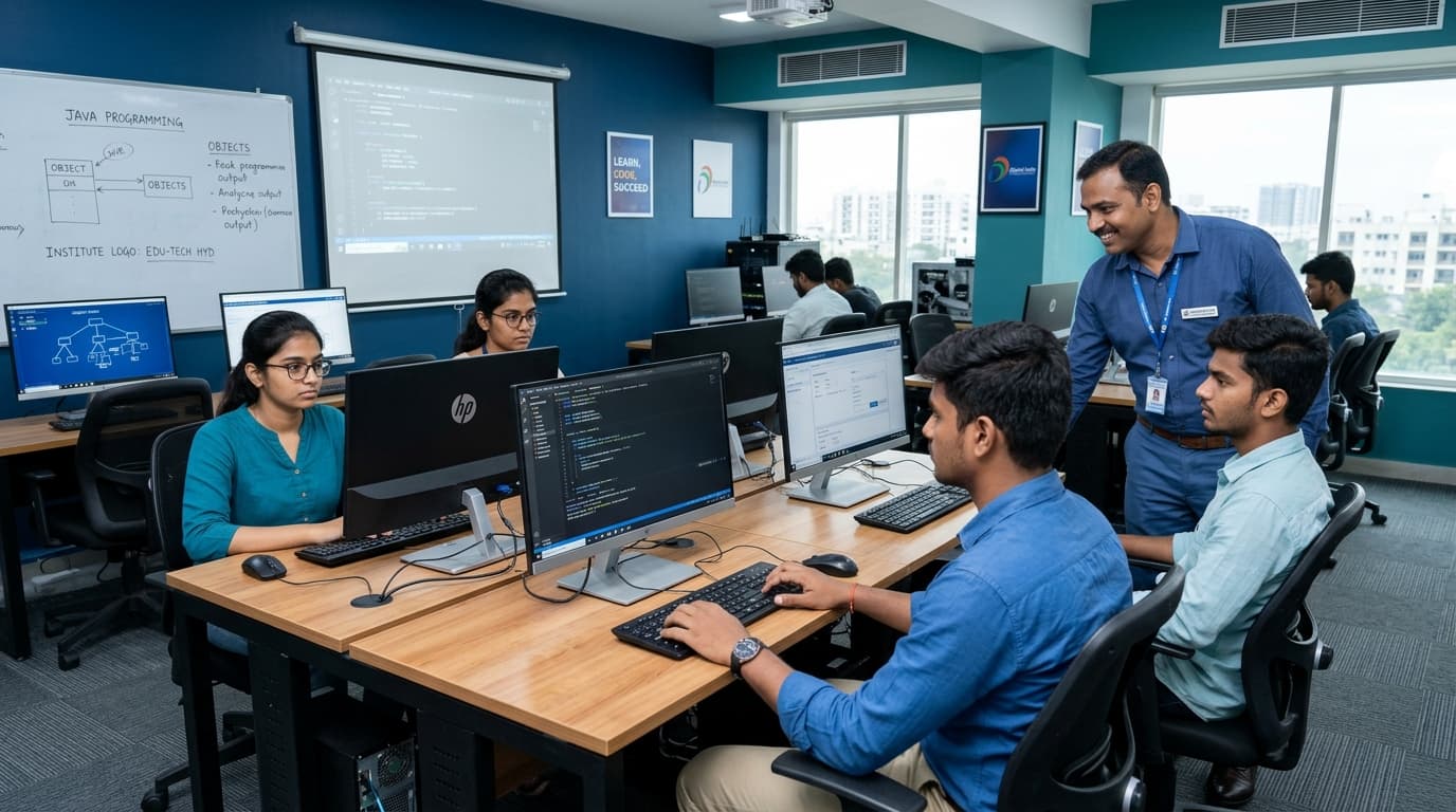 Students and trainer in a hands-on learning session at Vidhyas IT Solutions, Suchitra, Hyderabad